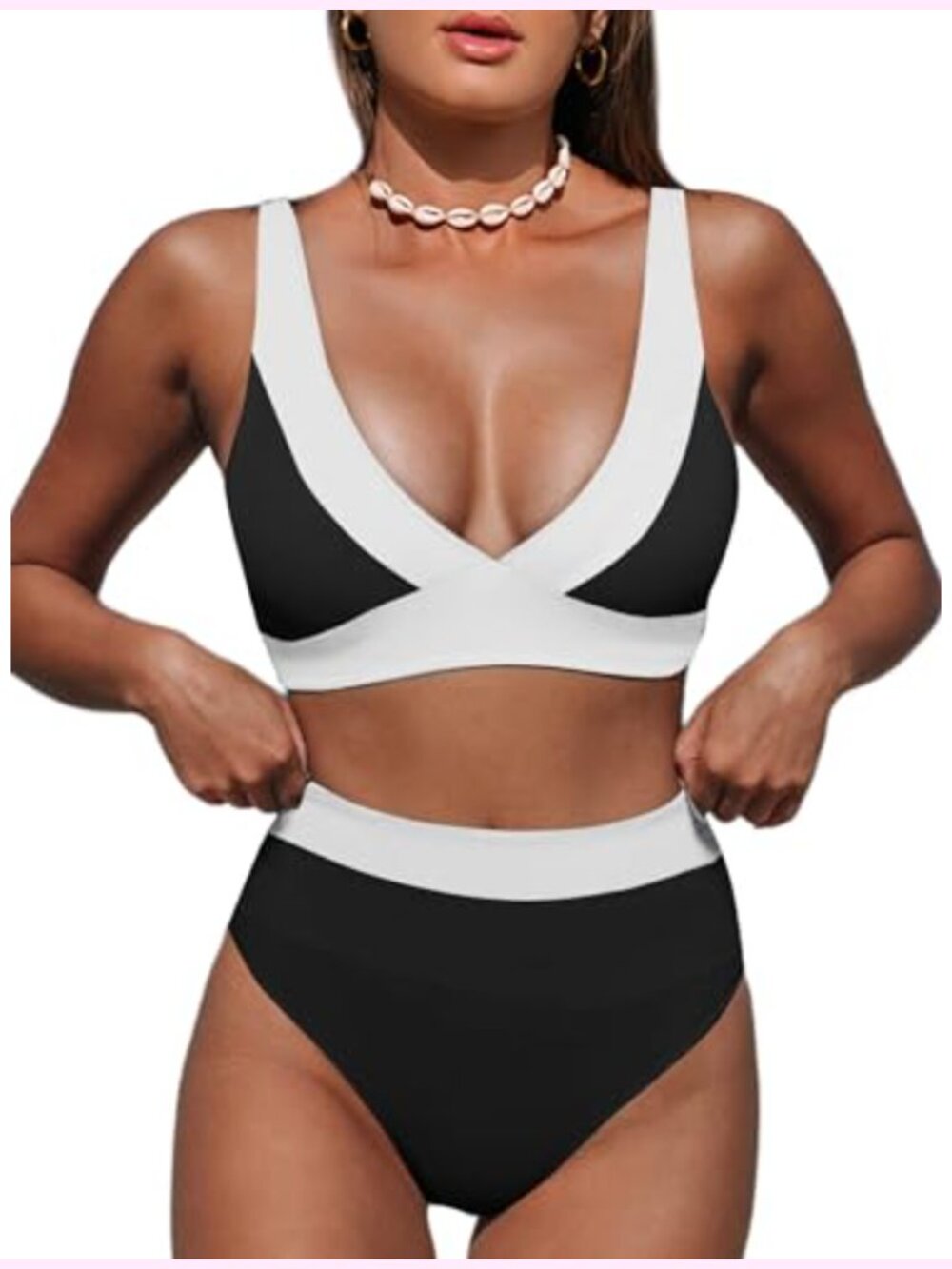 High Waisted Tummy Control Bikini Set Deep V Neck Two Piece Swimwear with